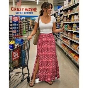Faded Glory Maxi Skirt L 12-14 Pink Red Medallion Print Side Slit Boho Elastic